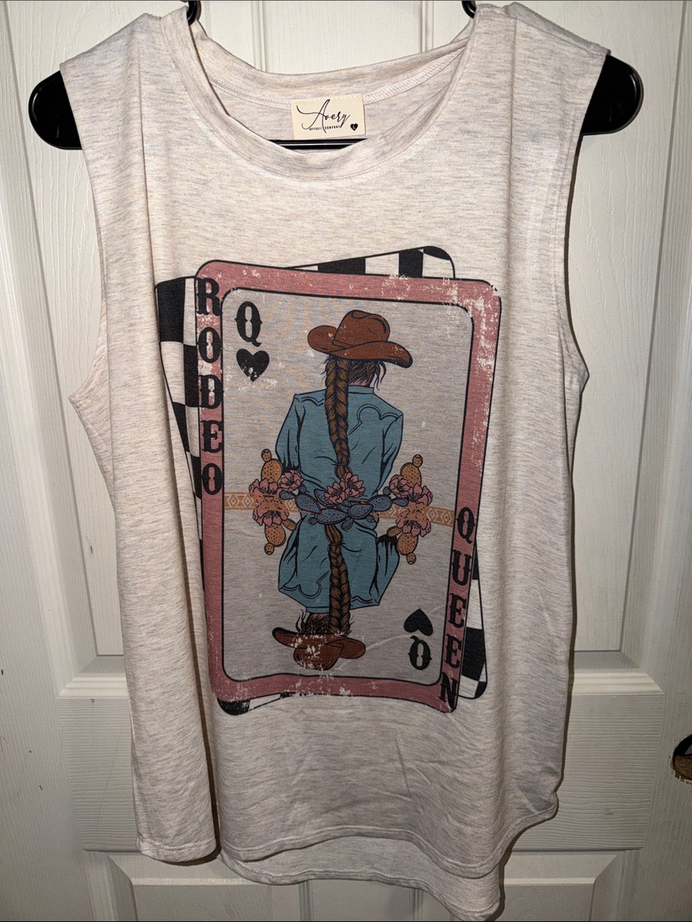 Avery Rodeo Queen Tank Top - Light Heather with Pink & Blue Graphic
